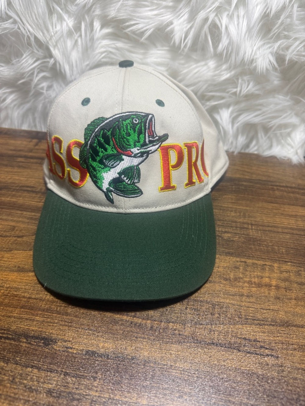Bass Pro Shops Cream and Green Embroidered Largemouth Bass Cap